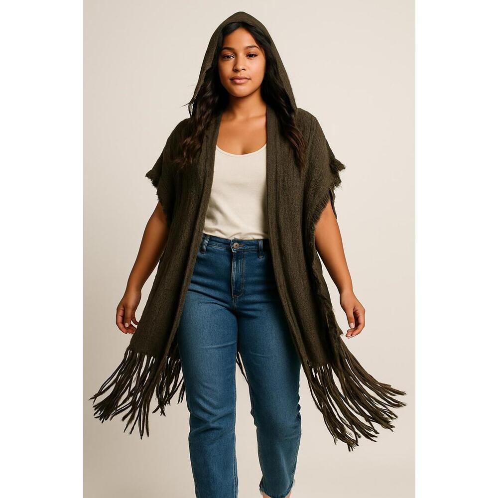 Wrangler Brown Fringe Hooded Open Knit Cardigan – Boho Western Style
